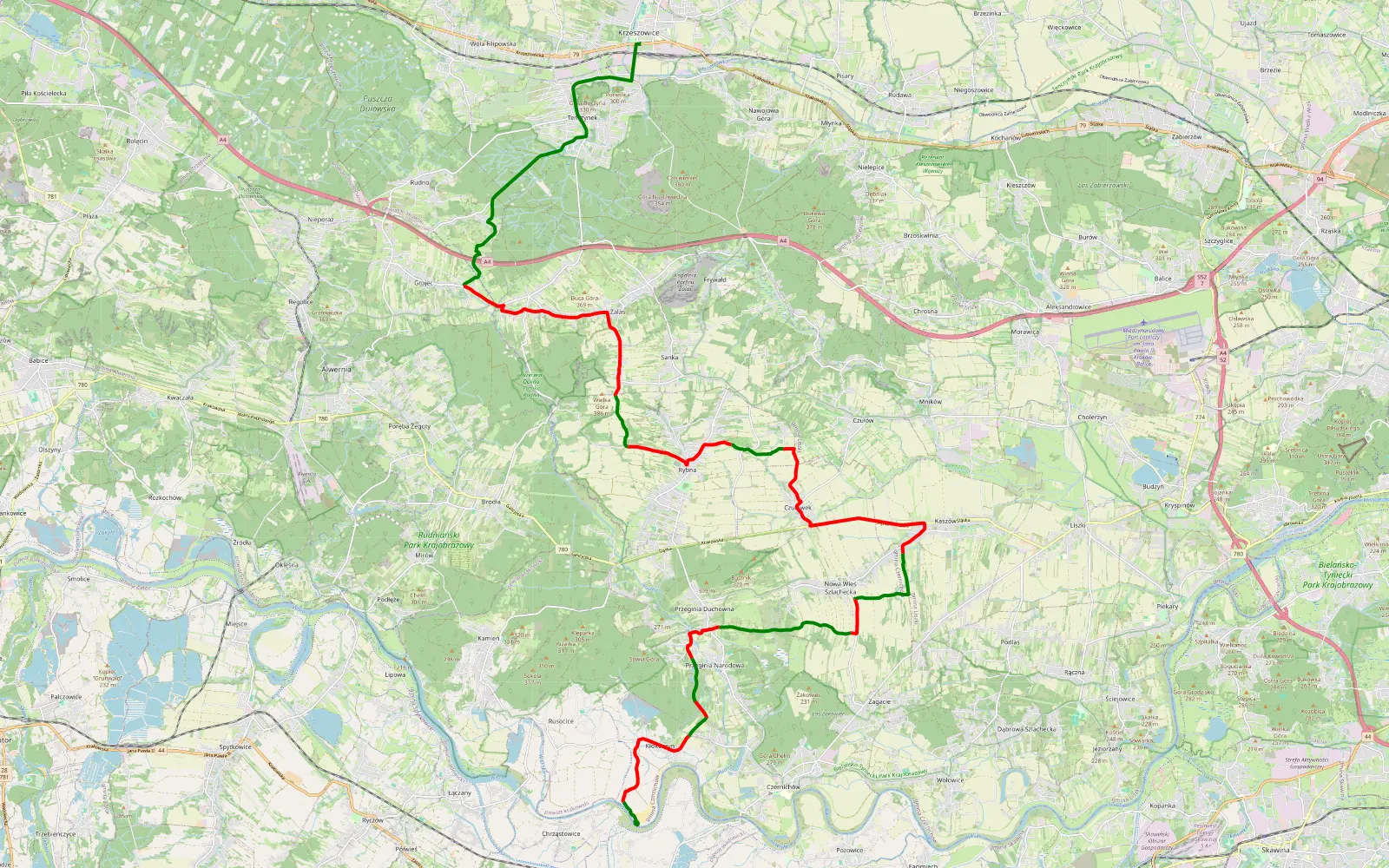 Map of Krzeszowice - Kłokoczyn - 30.5 km offroad trail, Kraków County