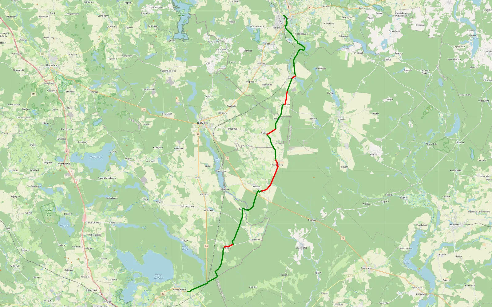 Mapa trasy Miastko - Gwda Mała - 34 km trasy offroad, Powiat Szczecinecki