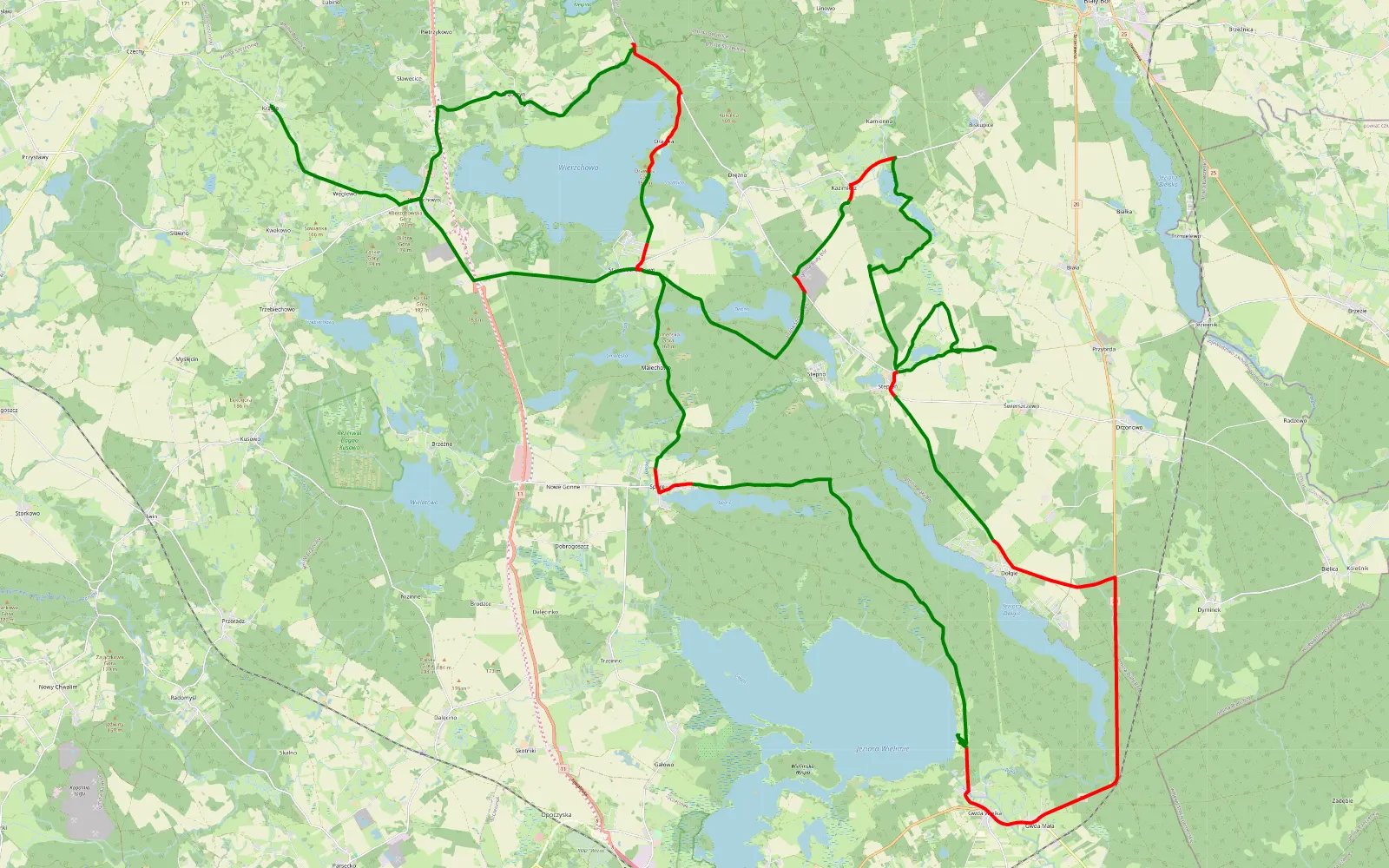 Map of Krągłe - Wierzchowo - 67.1 km offroad trail, Szczecinek County