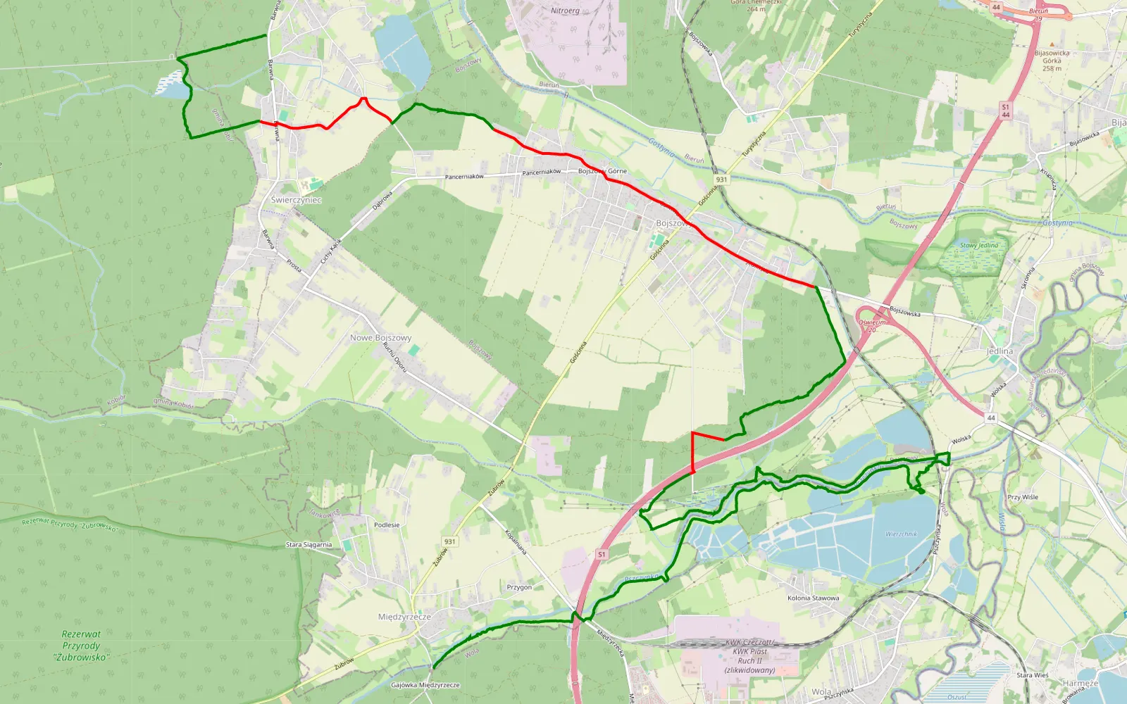 Mapa trasy Przyręb - Świerczyniec - 22.3 km trasy offroad, Powiat Bieruńsko-lędziński