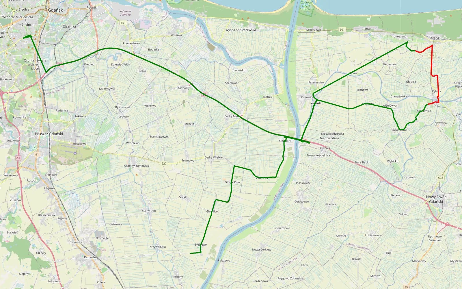Mapa trasy Żuławy - 9.8 km trasy offroad, Powiat Nowodworski