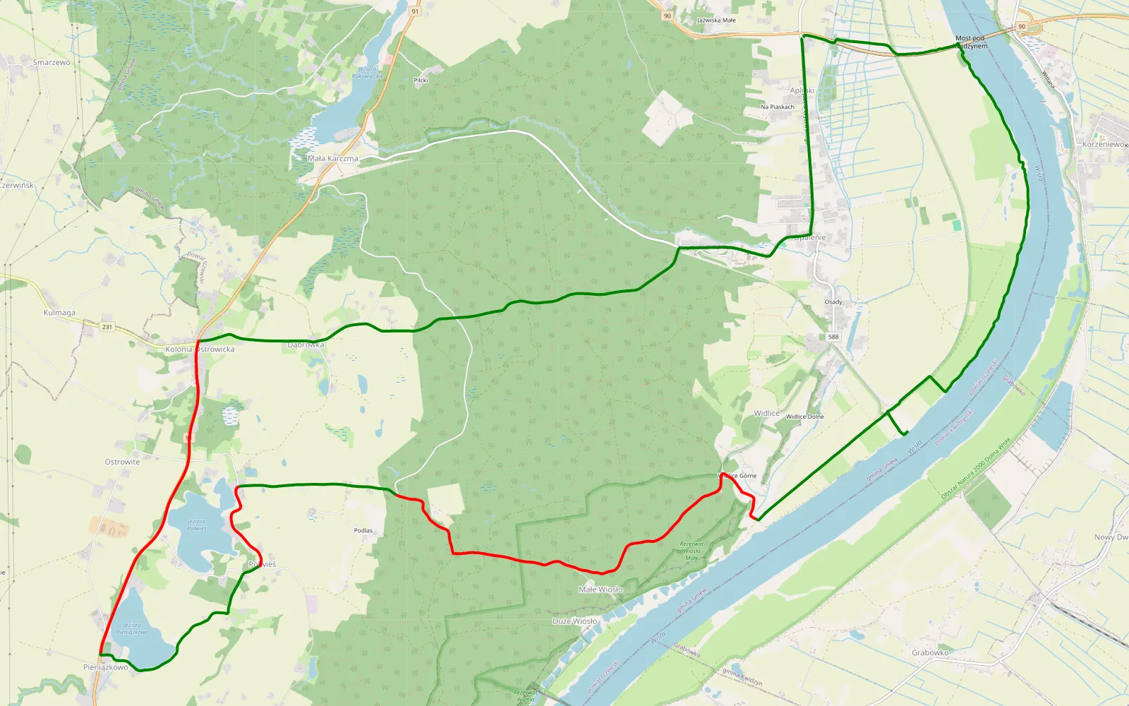 Mapa trasy Wzdłuż wisły przez punkty widokowe i jeziora - 20.1 km trasy offroad, Powiat Tczewski