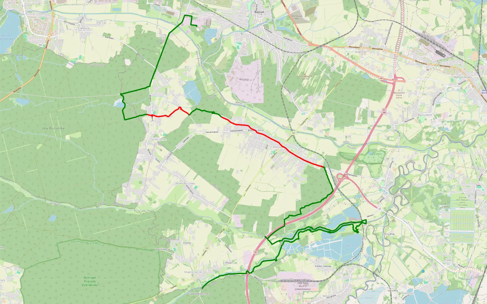 Mapa trasy Przyręb - Bieruń - 23.5 km trasy offroad, Powiat Bieruńsko-lędziński