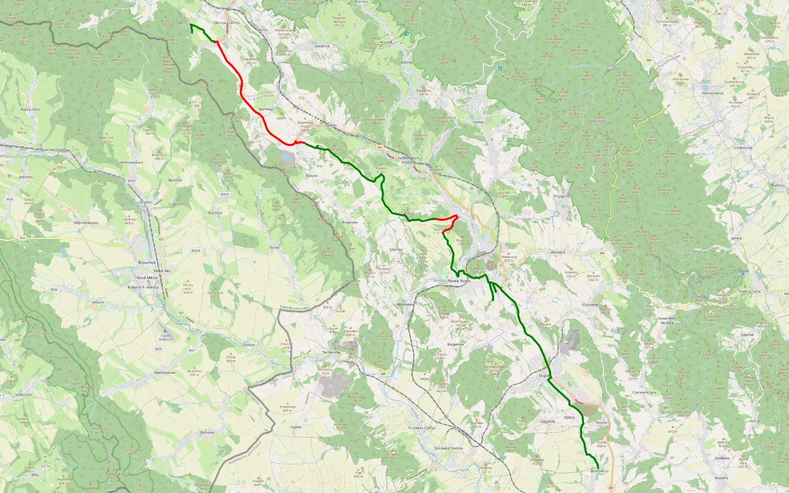 Mapa trasy Głuszyca Górna - Bozkow - 17.4 km trasy offroad, Powiat Kłodzki