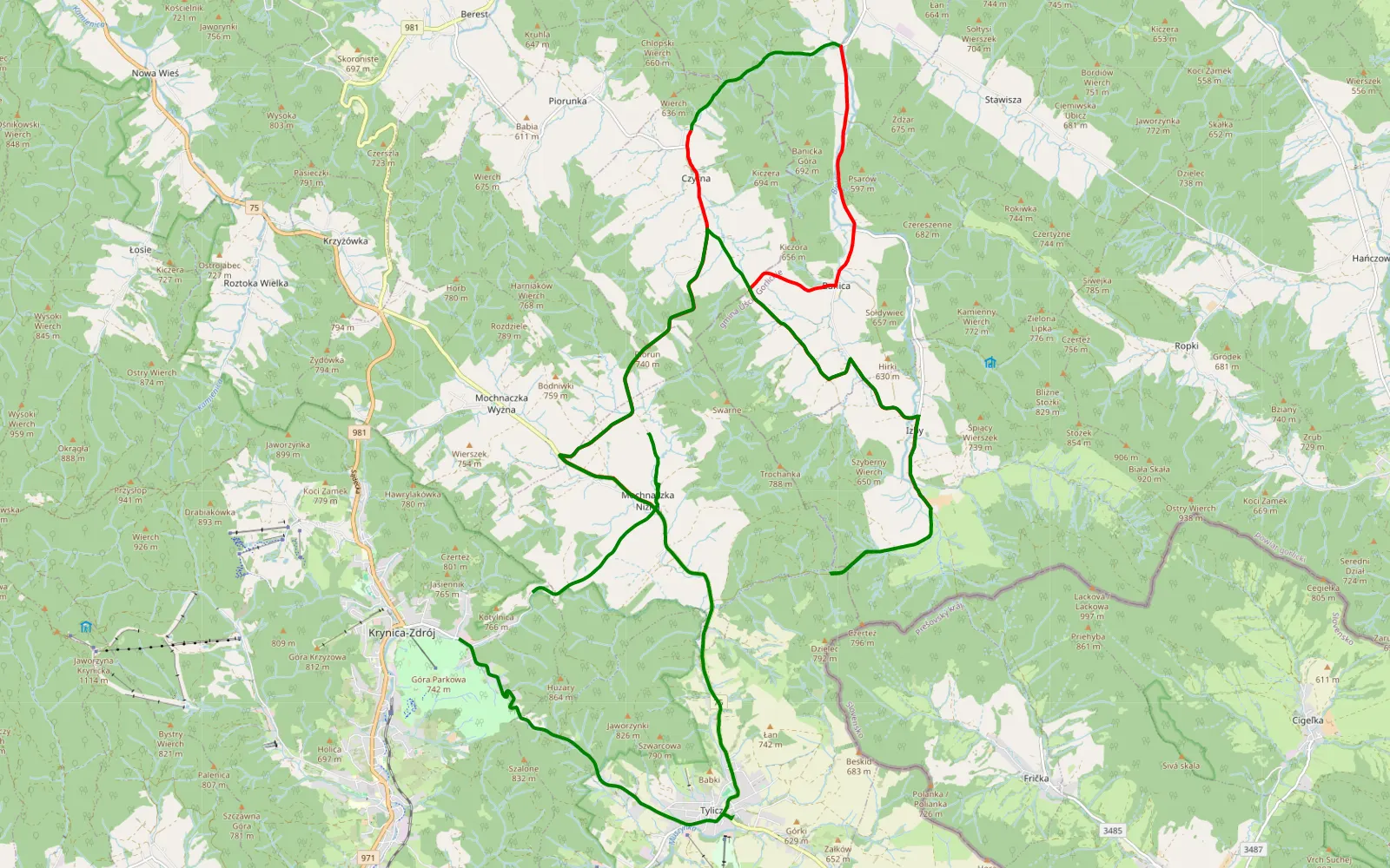 Map of Krynica->Izby - 28.1 km offroad trail, Gorlice County