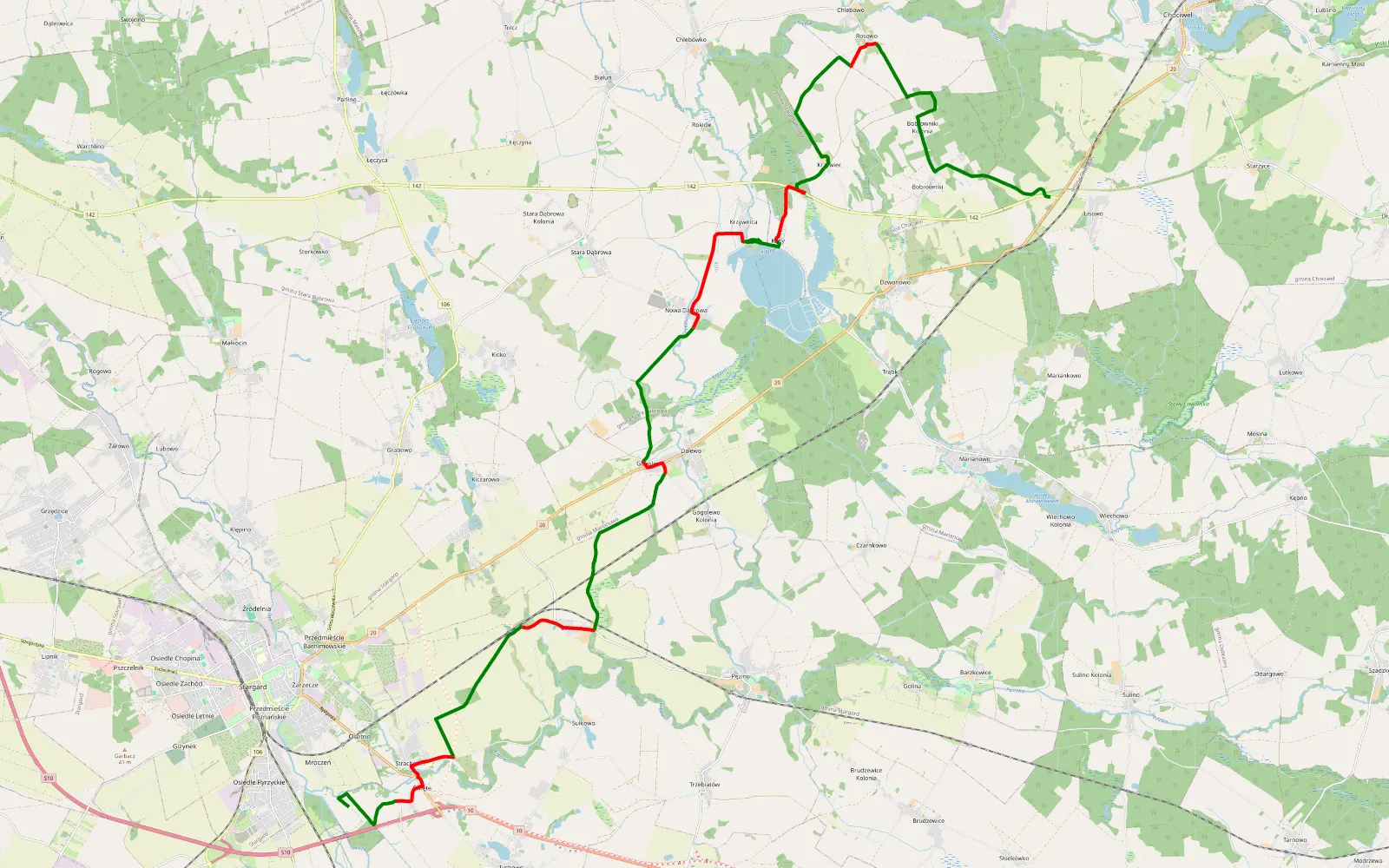 Mapa trasy Strachocin - Lisowo - 30.6 km trasy offroad, Powiat Stargardzki