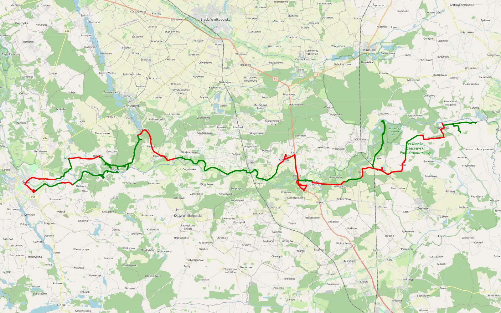 Map of Grodzewo - Spławie - 102.5 km offroad trail, Środa Wielkopolska County