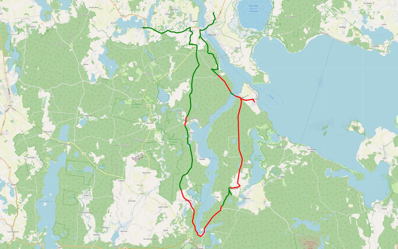 Map of Mikołajki - Zełwągi - 39.3 km offroad trail, Pisz County