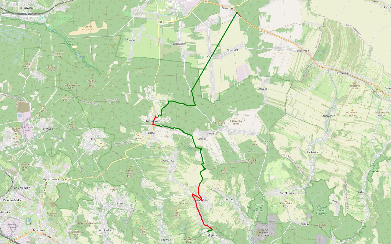 Map of Miękinia - Sieniczno - 11.9 km offroad trail, Olkusz County