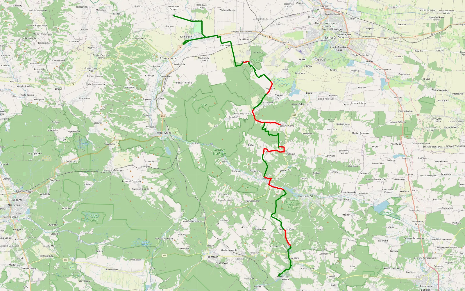 Mapa trasy Roztocze - dzień 4 - 51.9 km trasy offroad, Powiat Zamojski
