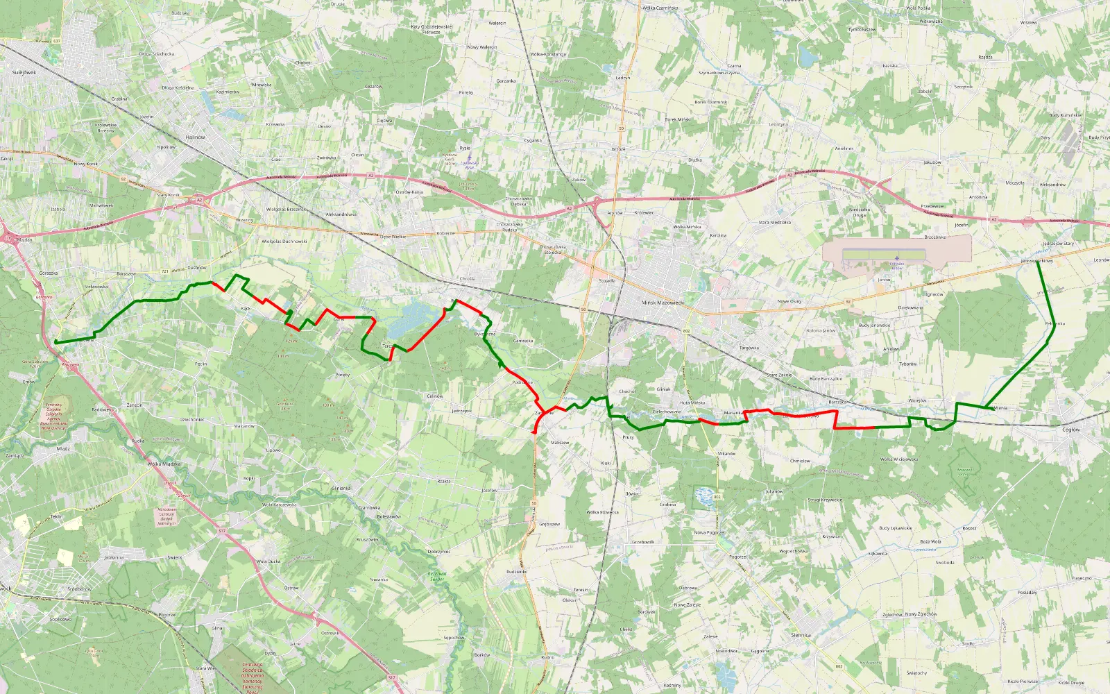 Mapa trasy Wiązowna - Jędrzejów - 37.6 km trasy offroad, Powiat Miński
