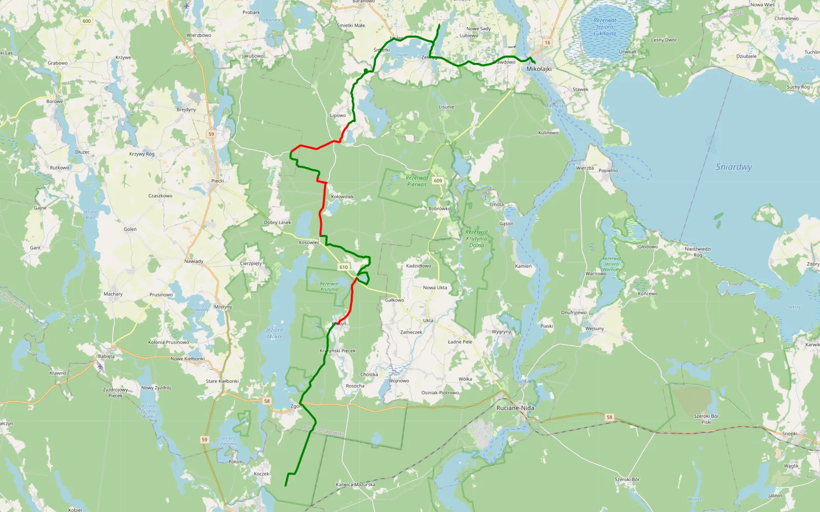 Mapa trasy Koczek - Mikołajki - 32.1 km trasy offroad, Powiat Mrągowski