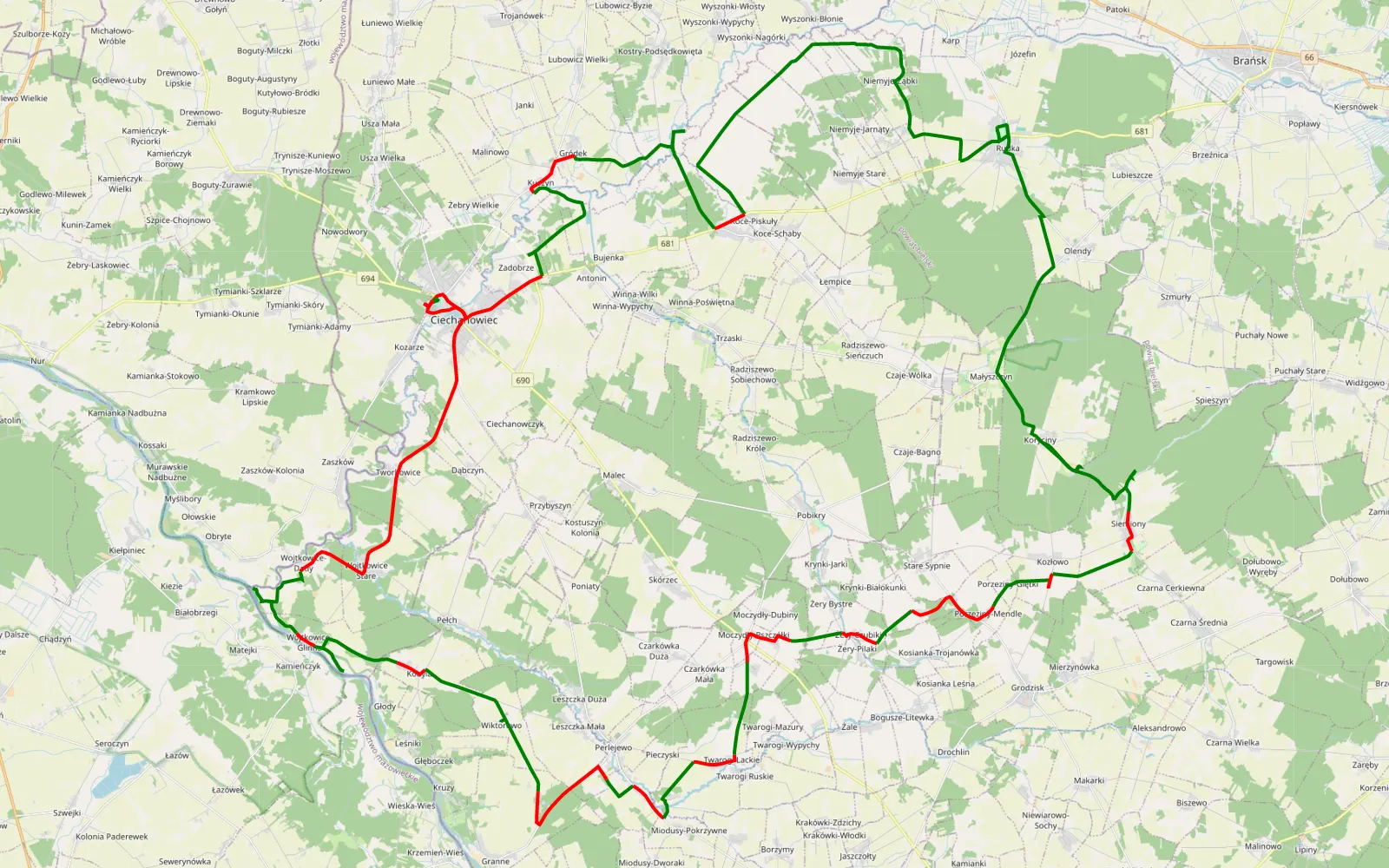 Map of Śladem Wierzb 28 - 92.7 km offroad trail, Wysokie Mazowieckie County