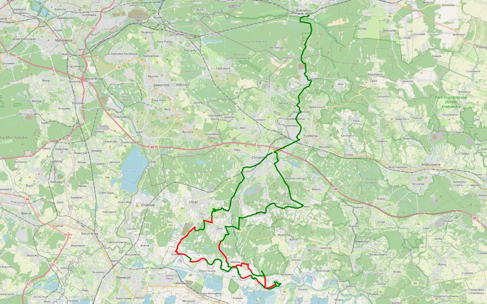 Mapa trasy Bereska - Bukowno - 39.3 km trasy offroad, Powiat Chrzanowski