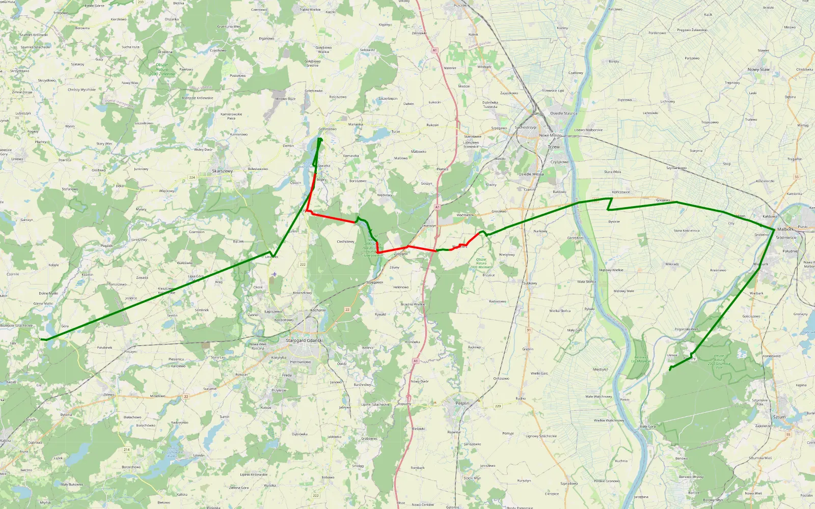 Mapa trasy Góra - Uśnice - 19.2 km trasy offroad, Powiat Tczewski