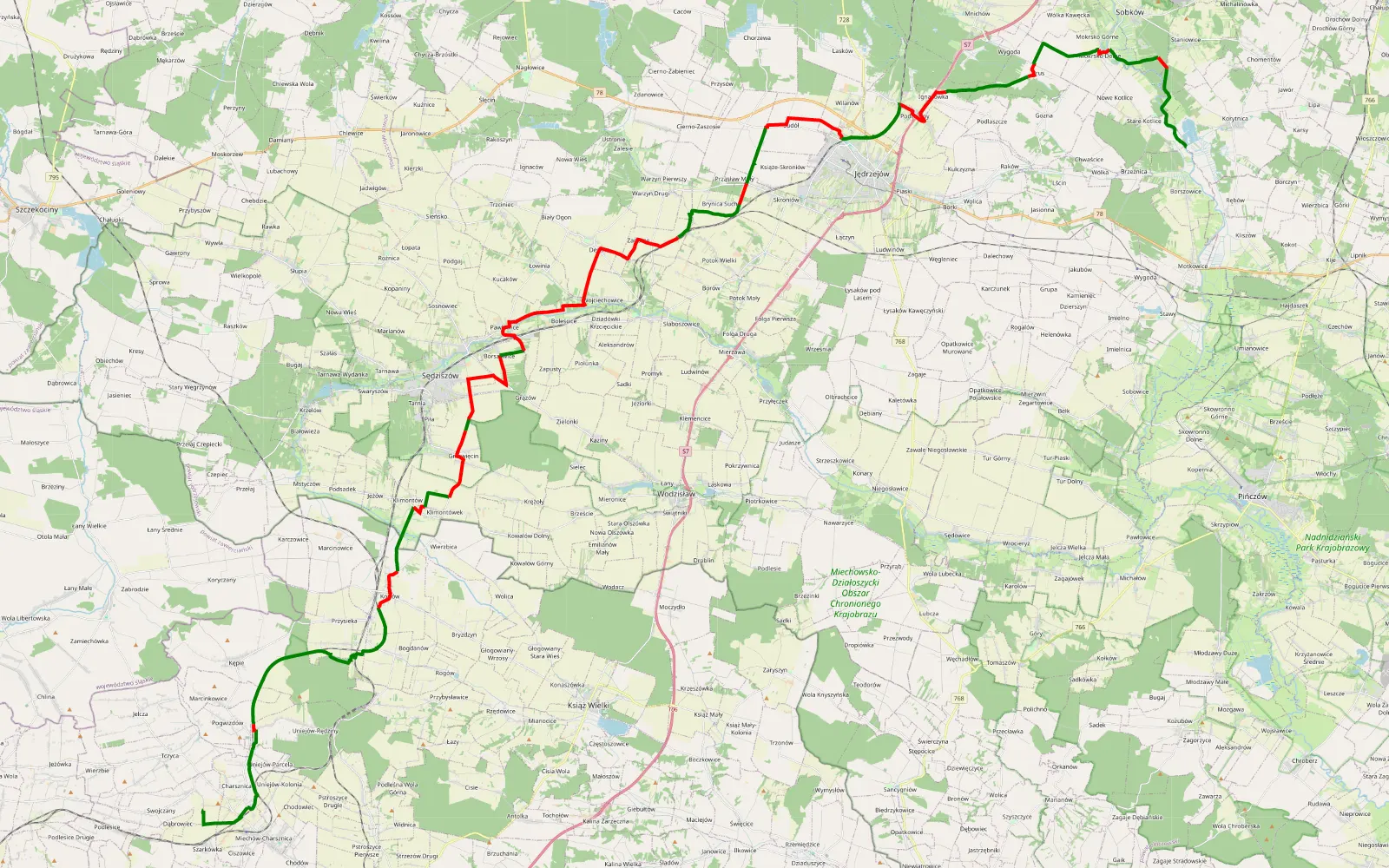 Mapa trasy | Dąbrowiec → Borszowice - 74.1 km trasy offroad, Powiat Jędrzejowski