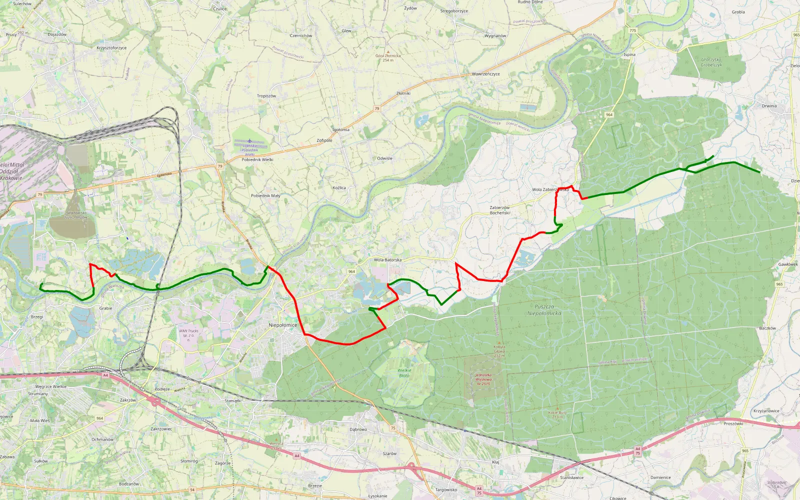 Mapa trasy Brzegi - Las Kościelnicki - 38.1 km trasy offroad, Powiat Wielicki