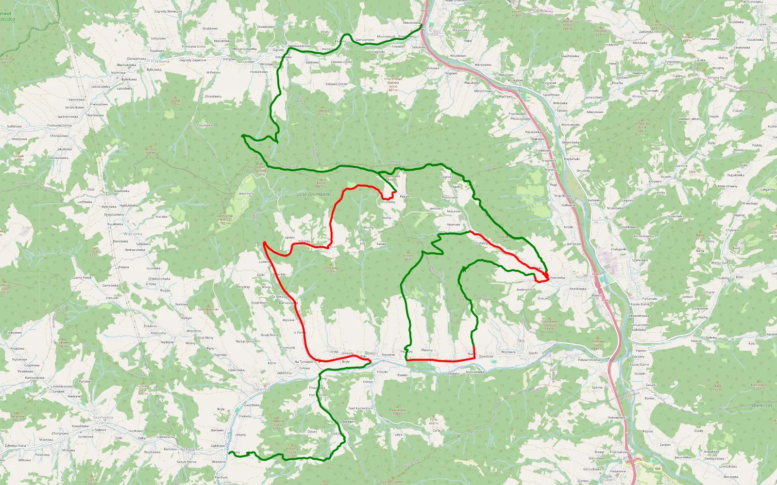 Mapa trasy Stróża - Tokarnia - 41.1 km trasy offroad, Powiat Myślenicki