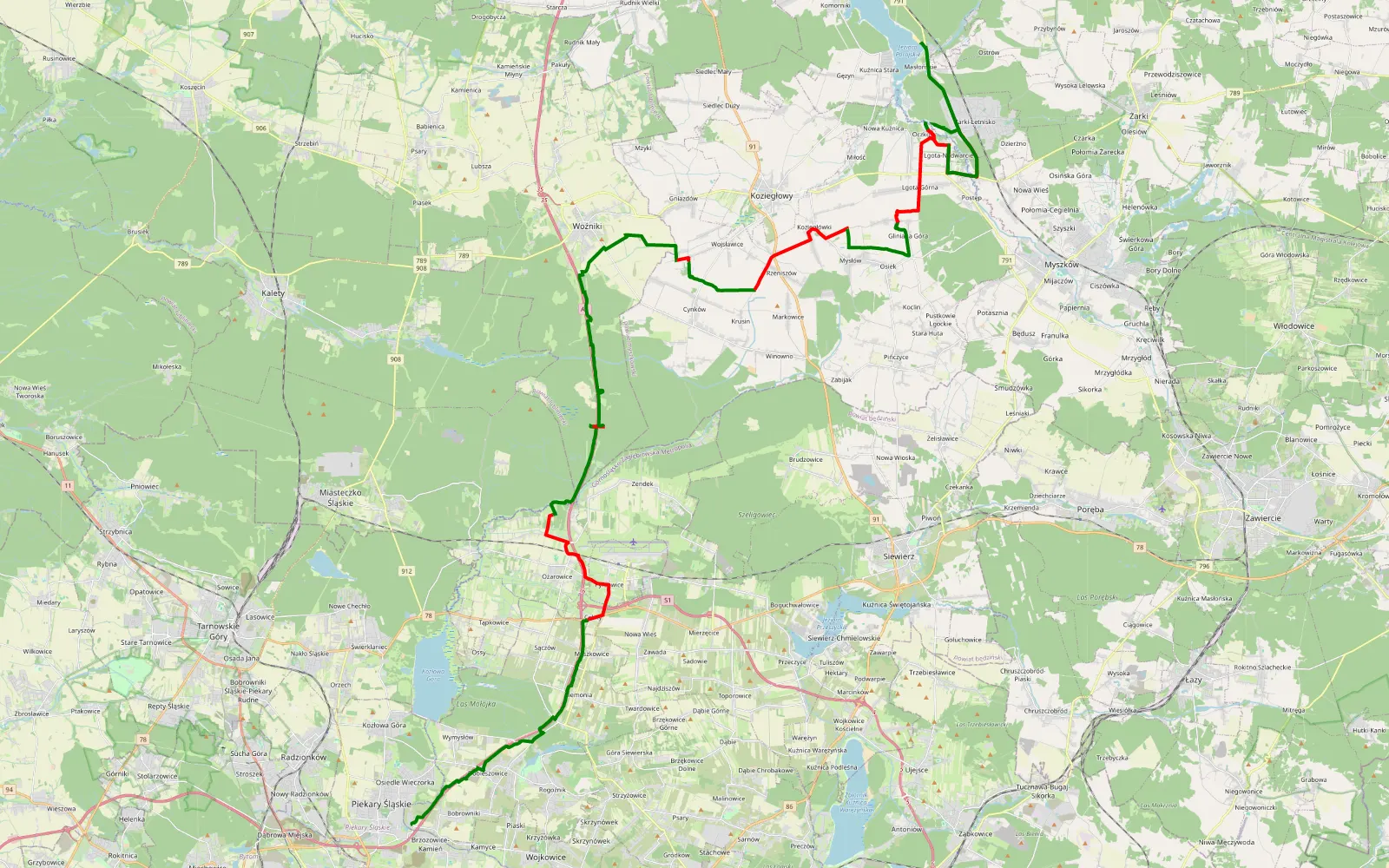 Mapa trasy Brzozowice-Kamień - Nadwarcie - 54.5 km trasy offroad, Powiat Myszkowski