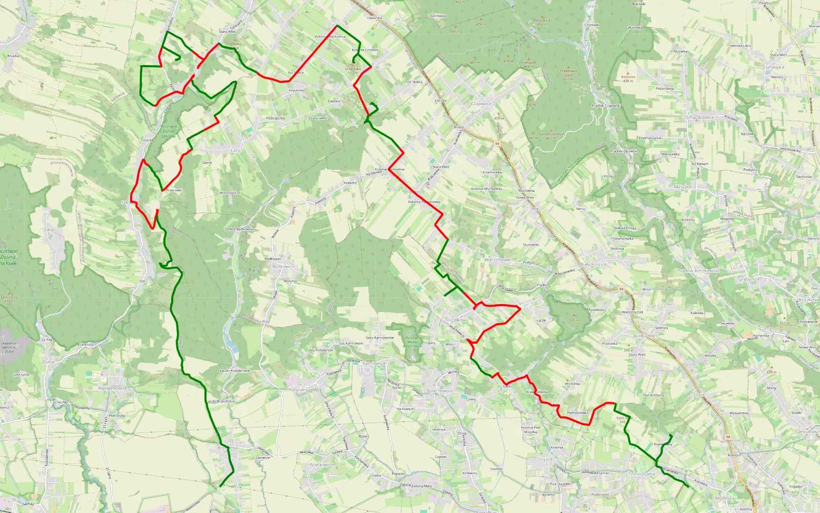 Mapa trasy Tomaszowice - Brzezinka - 35.9 km trasy offroad, Powiat Krakowski
