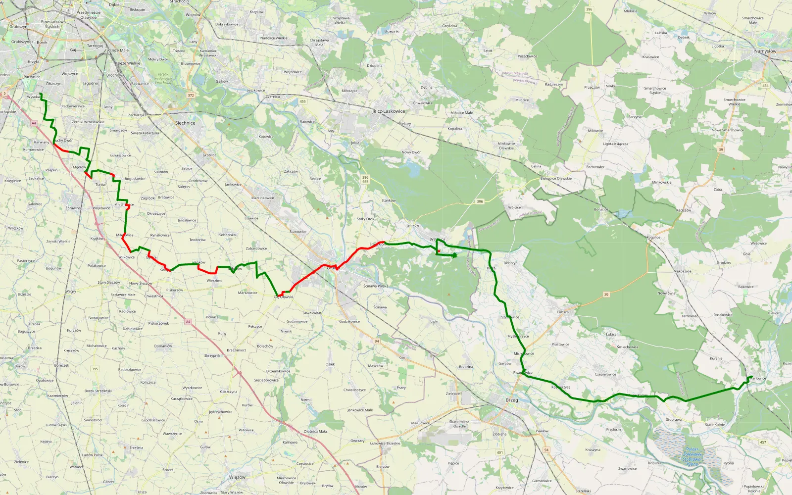 Map of Wysoka - Karłowice - 50.5 km offroad trail, Oława County