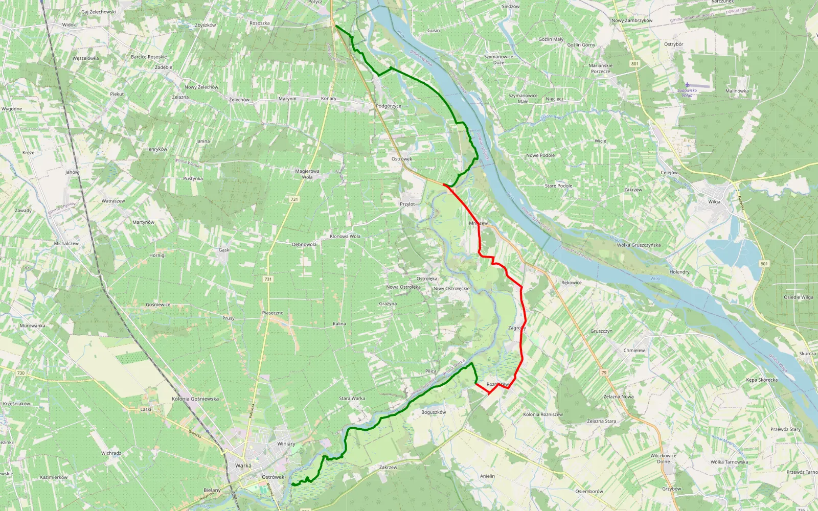 Mapa trasy Potycz - Warka lany 2026 - 24.3 km trasy offroad, Powiat Grójecki