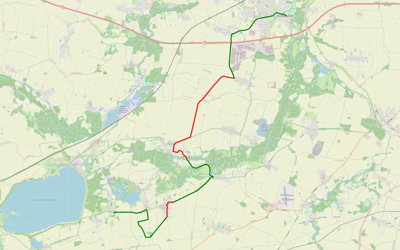 Mapa trasy Kąty Wrocławskie - Górzanka - 15.7 km trasy offroad, Powiat Wrocławski
