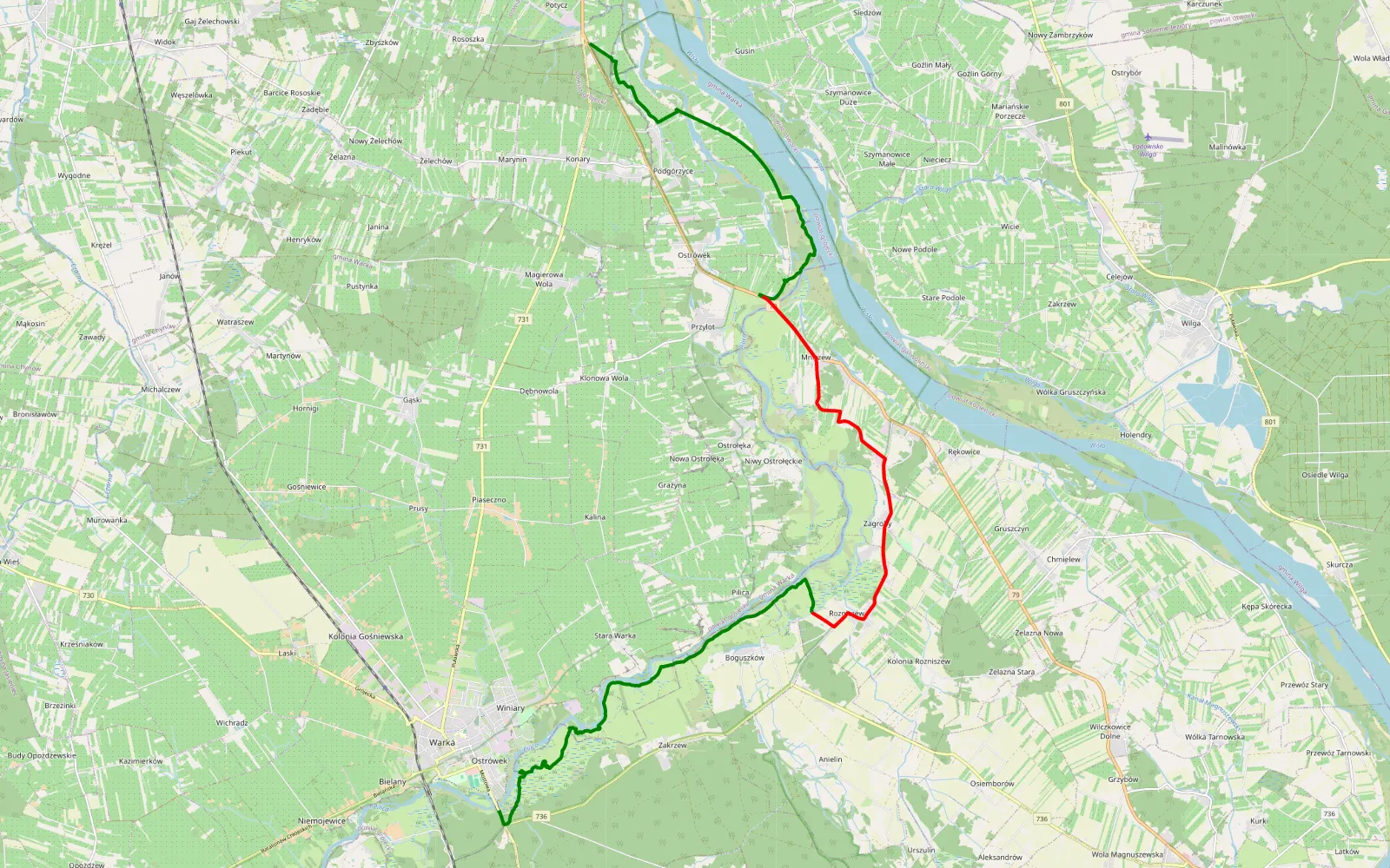 Mapa trasy Potycz - Warka - 24.9 km trasy offroad, Powiat Grójecki