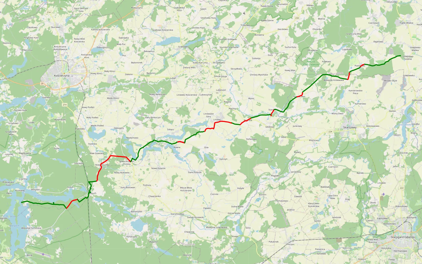 Mapa trasy Gołębiewo - Wdzydze Kiszewskie - 53 km trasy offroad, Powiat Kościerski