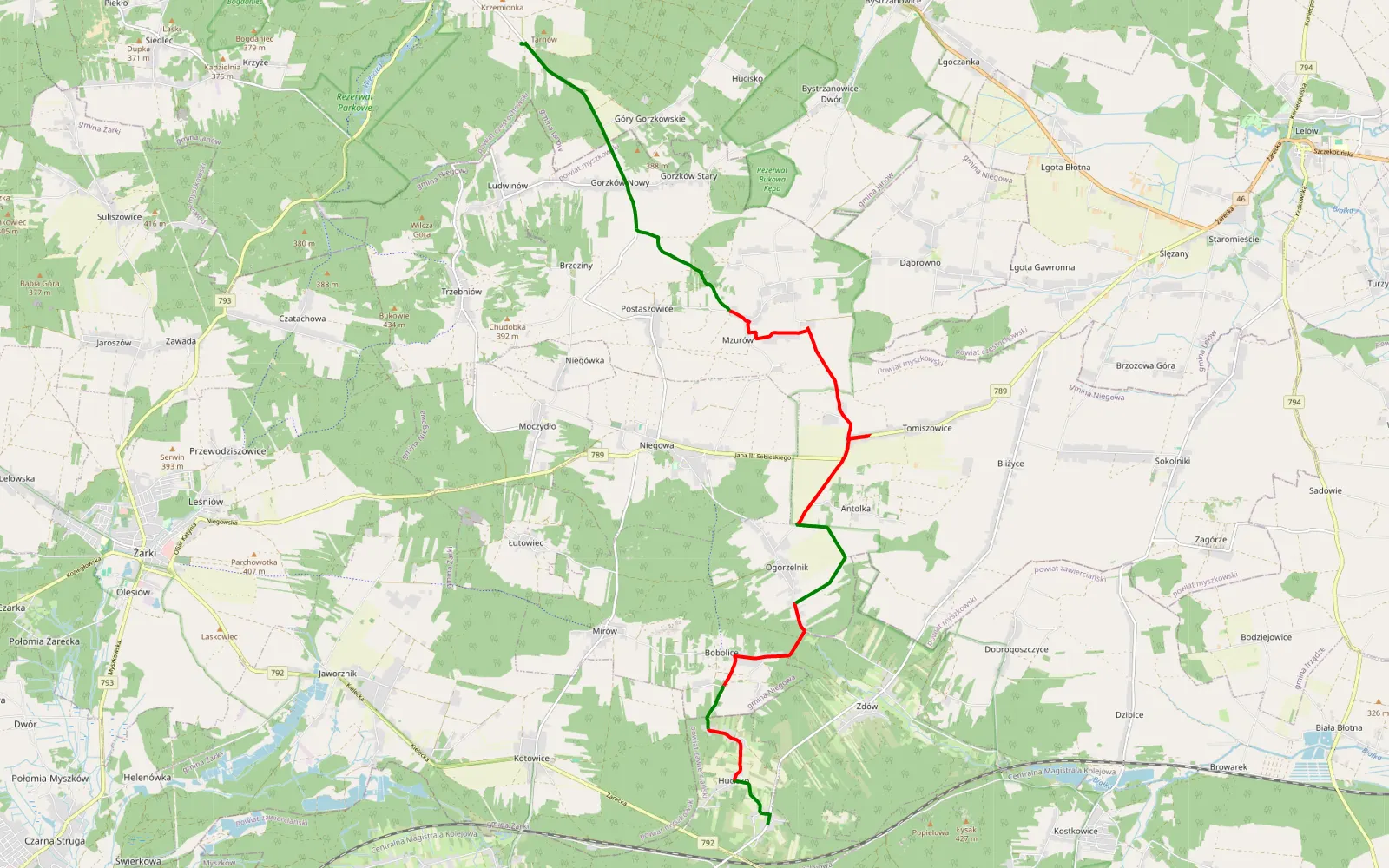 Mapa trasy Hucisko - Potok Złoty - 15.3 km trasy offroad, Powiat Myszkowski