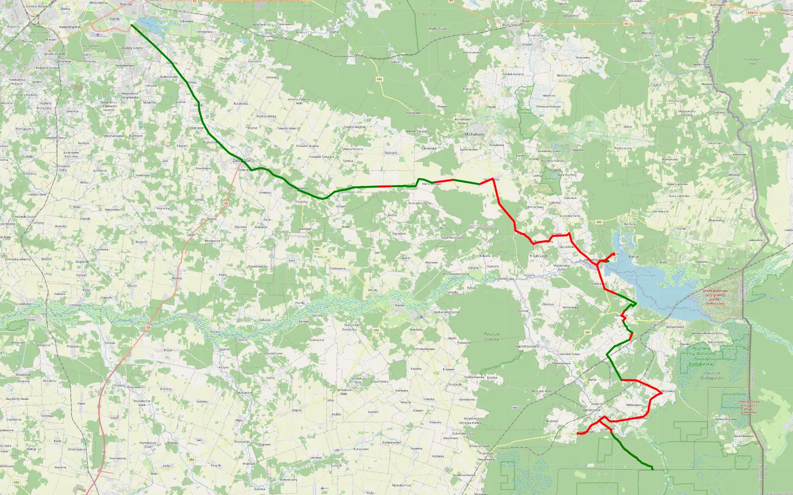 Map of Dojlidy - Janowo - 69 km offroad trail, Białystok County