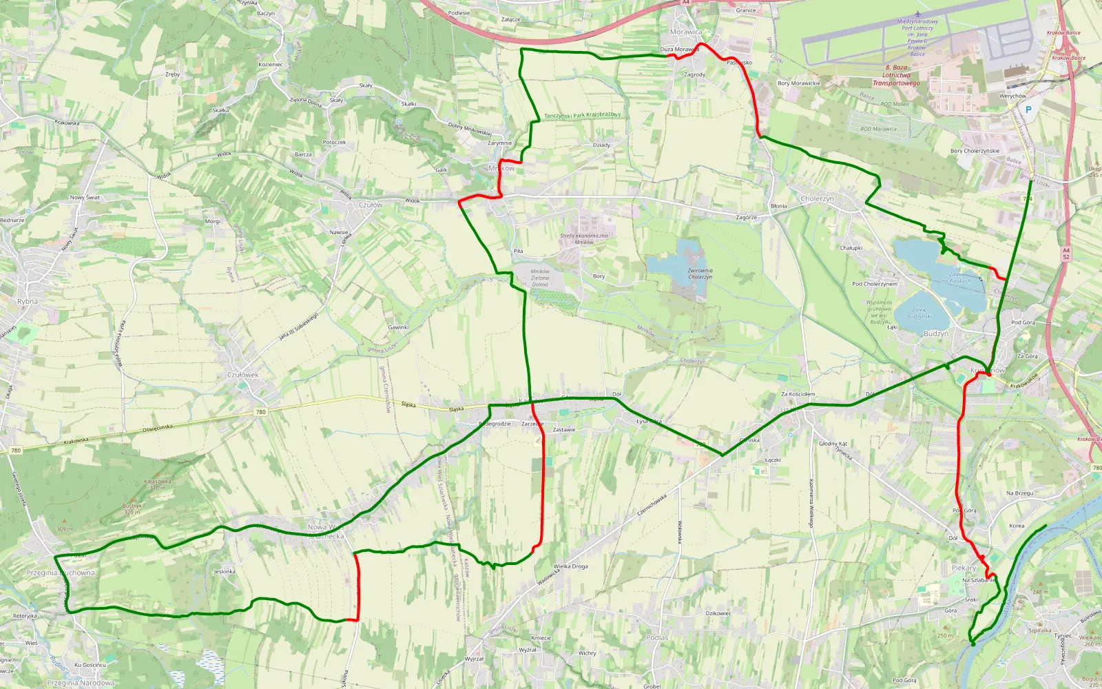 Mapa trasy Piekary - Budzyń - 28.1 km trasy offroad, Powiat Krakowski