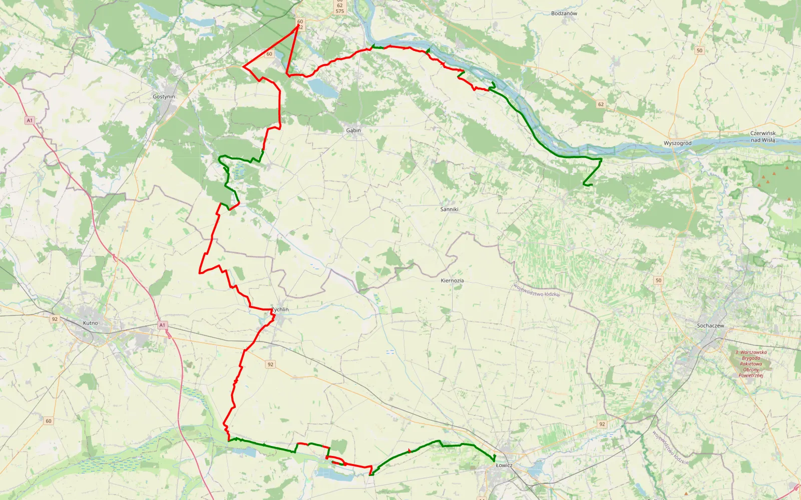 Mapa trasy Łowicz - Uderz Mały. Śladem Wierzb 29 - 152.4 km trasy offroad, Powiat Płocki