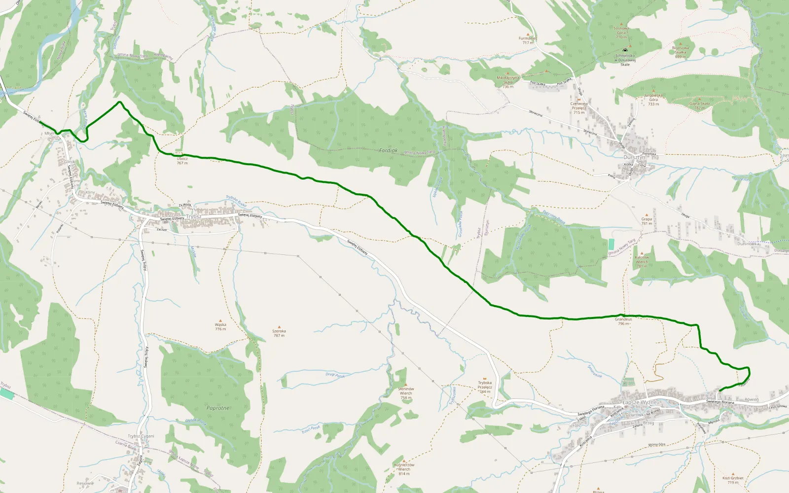 Map of Łapsze Wyżne - Trybsz - 7.3 km offroad trail, Nowy Targ County