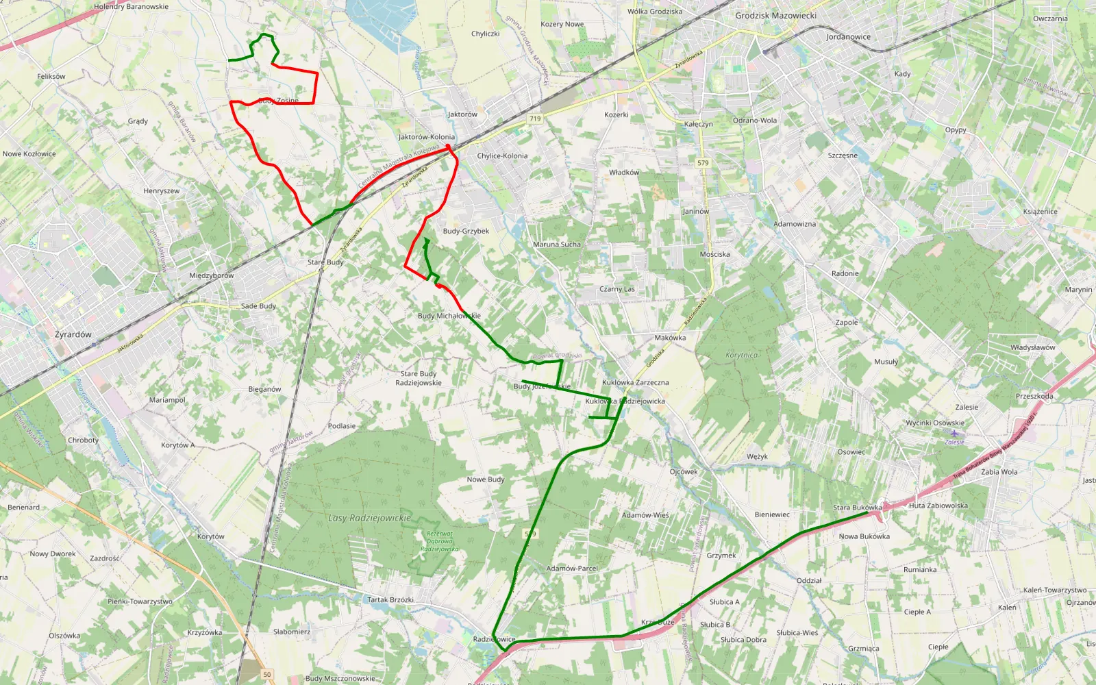 Map of Bukówka Stara - Budy Zosiny - 19.1 km offroad trail, Grodzisk Mazowiecki County