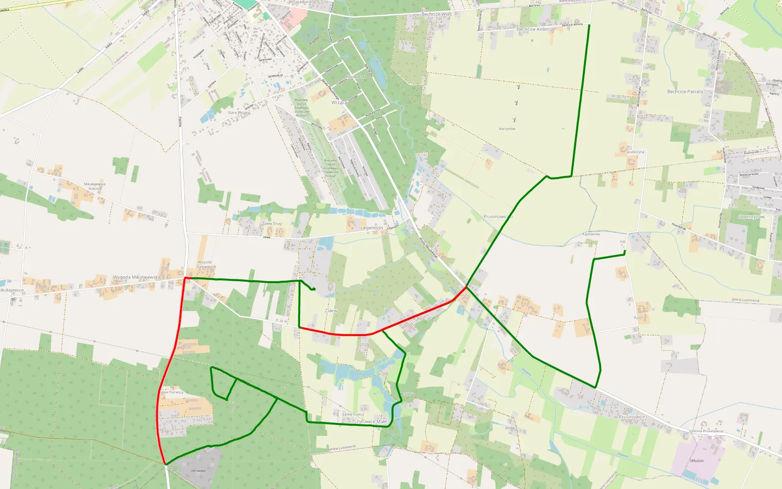 Mapa trasy Florentynów - Bechcice - 13.1 km trasy offroad, Powiat Pabianicki