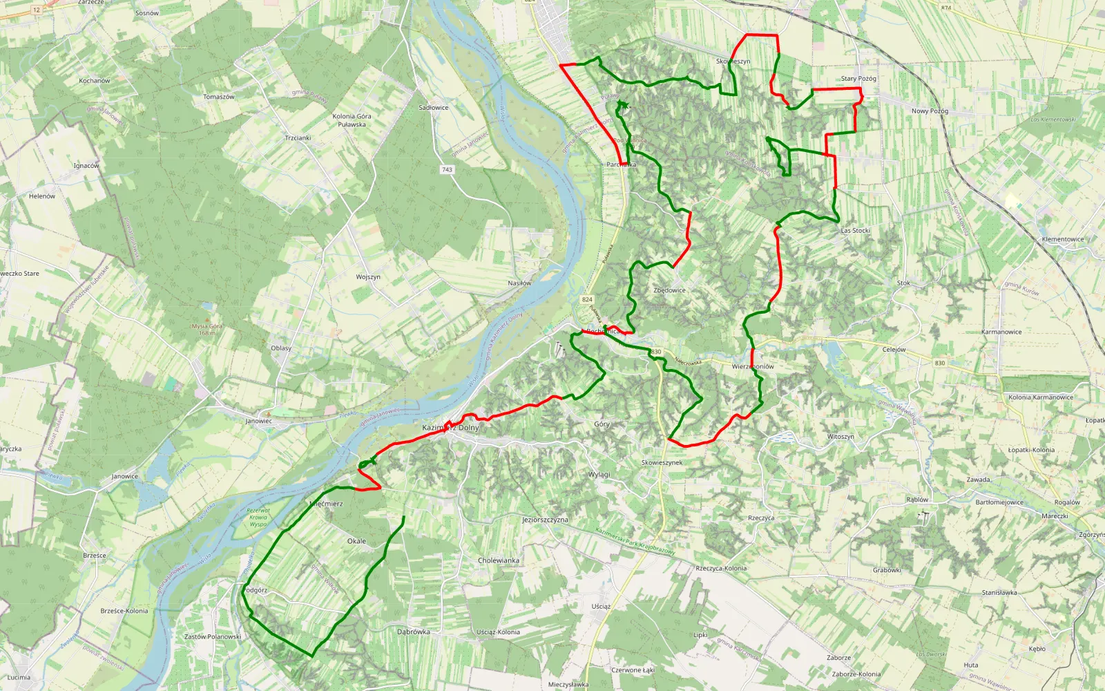 Mapa trasy Okale - Bochotnica - 58.8 km trasy offroad, Powiat Puławski