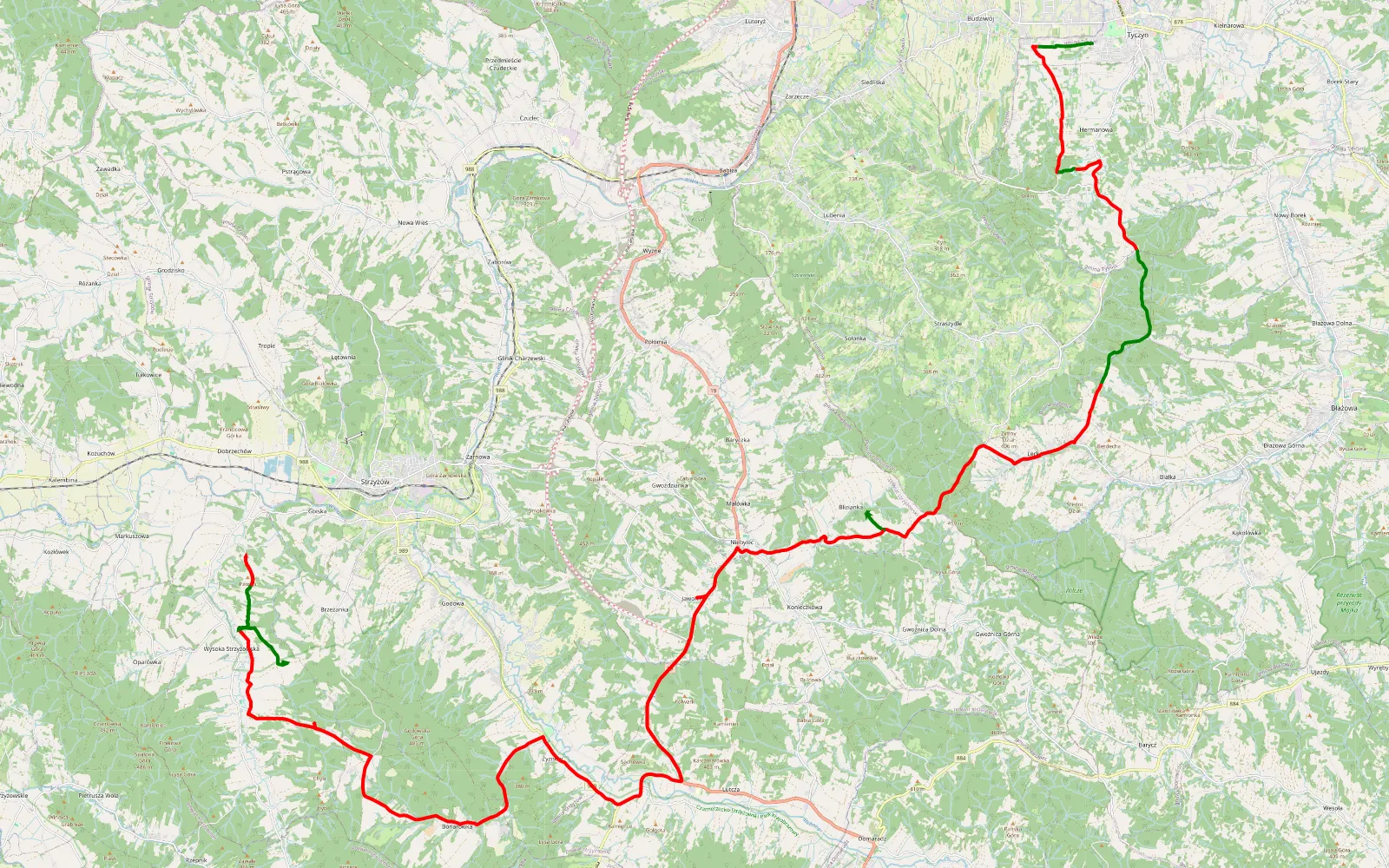 Mapa trasy Tyczyn - Wysoka Strzyżowska - 55.5 km trasy offroad, Powiat Strzyżowski