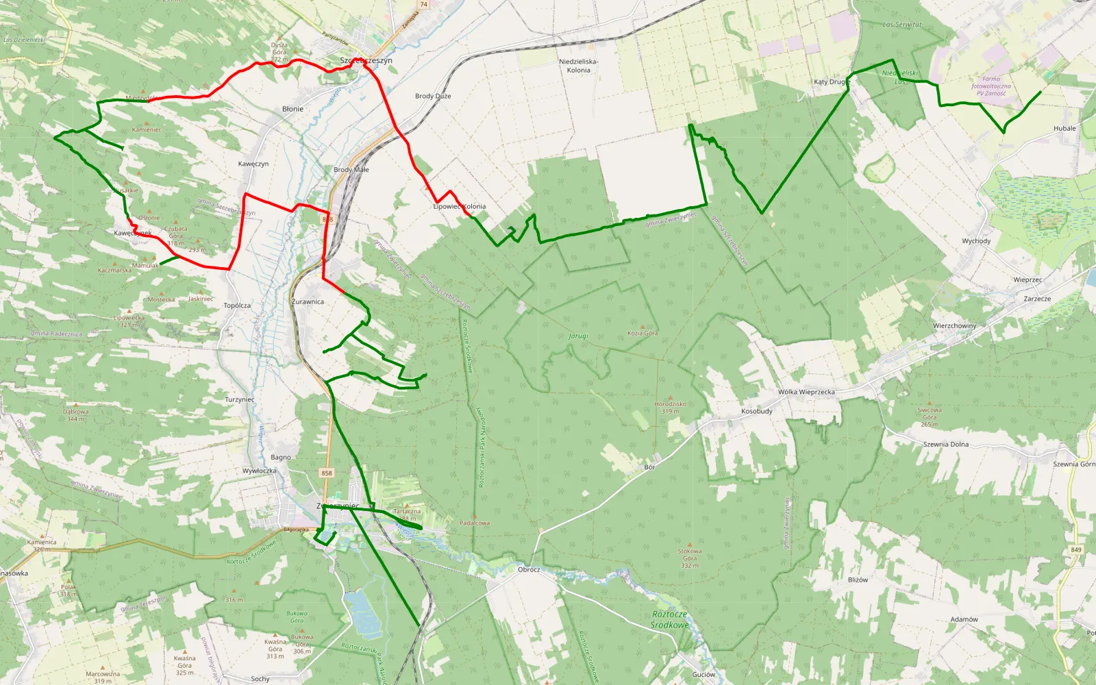 Map of Duża piaskownia - 54.5 km offroad trail, Zamość County
