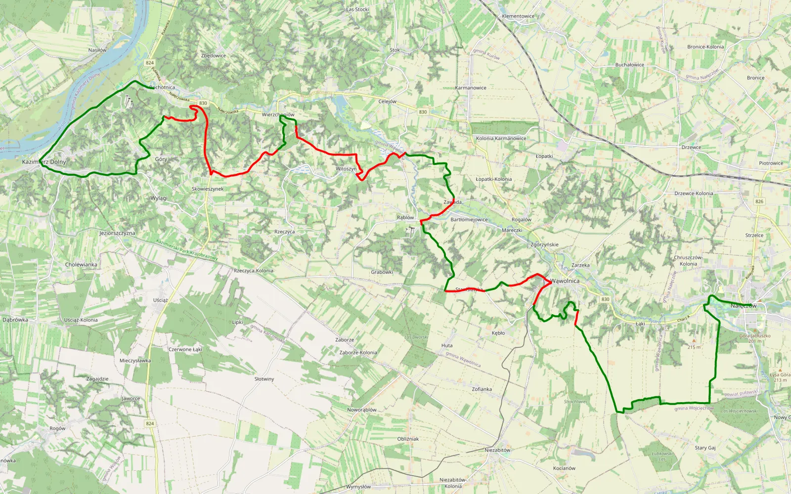 Mapa trasy Bochotnica - Nałęczów - 33.7 km trasy offroad, Powiat Puławski