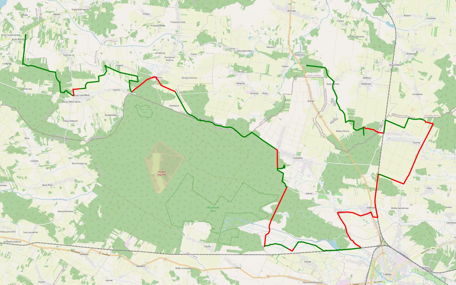 Mapa trasy Ruda - Gostchorza - 60.6 km trasy offroad, Powiat Łukowski