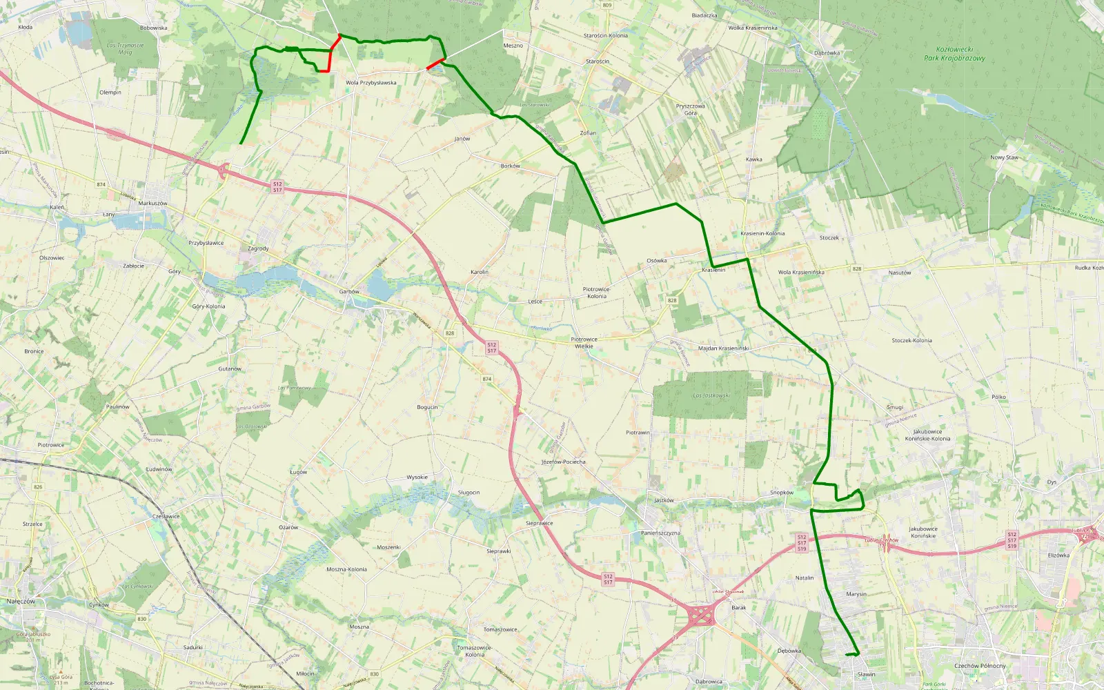Mapa trasy Przybysławice - Dzbenin - 21.2 km trasy offroad, Powiat Lubelski