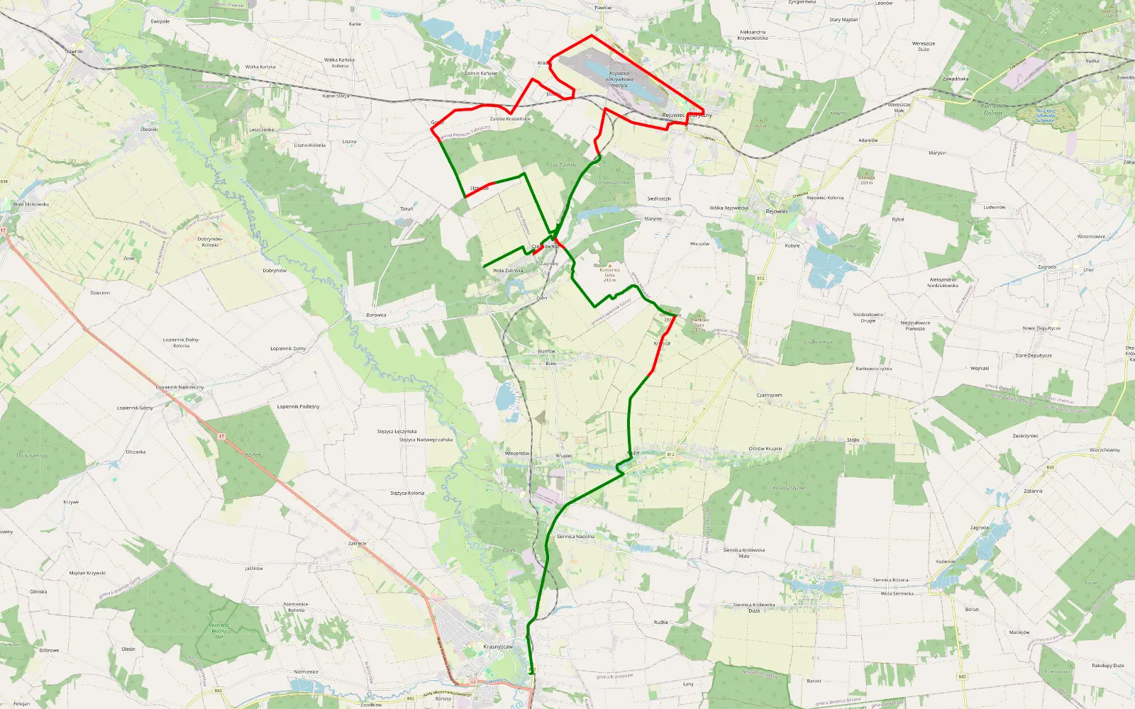 Mapa trasy Wola Żulińska - Krasnystaw - 38.5 km trasy offroad, Powiat Chełmski