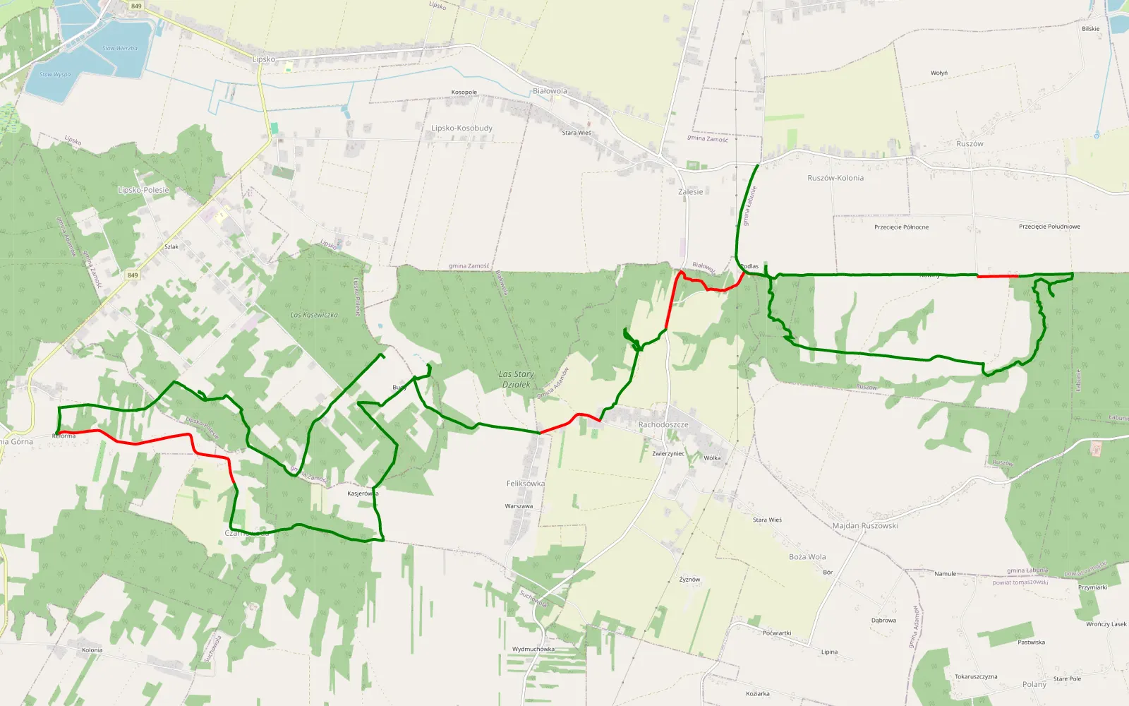 Mapa trasy Feliksówka Lipsko ruszow - Białowola Żdanowek - 27.7 km trasy offroad, Powiat Zamojski