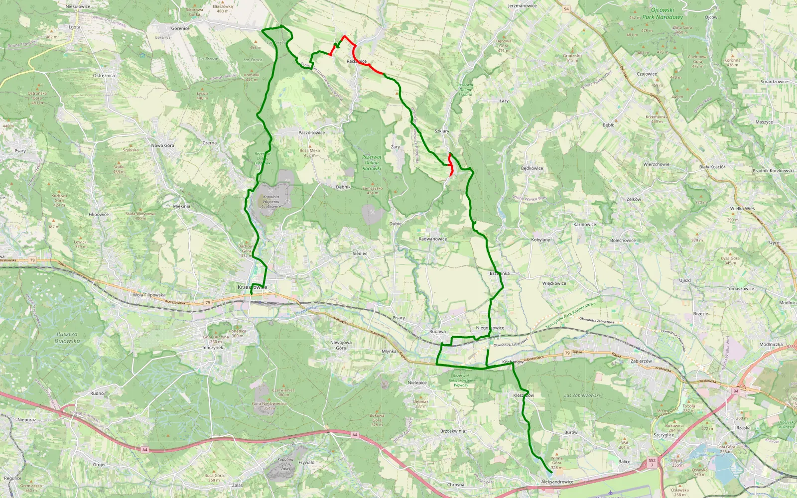 Mapa trasy Aleksandrowice - Krzeszowice - 16.3 km trasy offroad, Powiat Krakowski