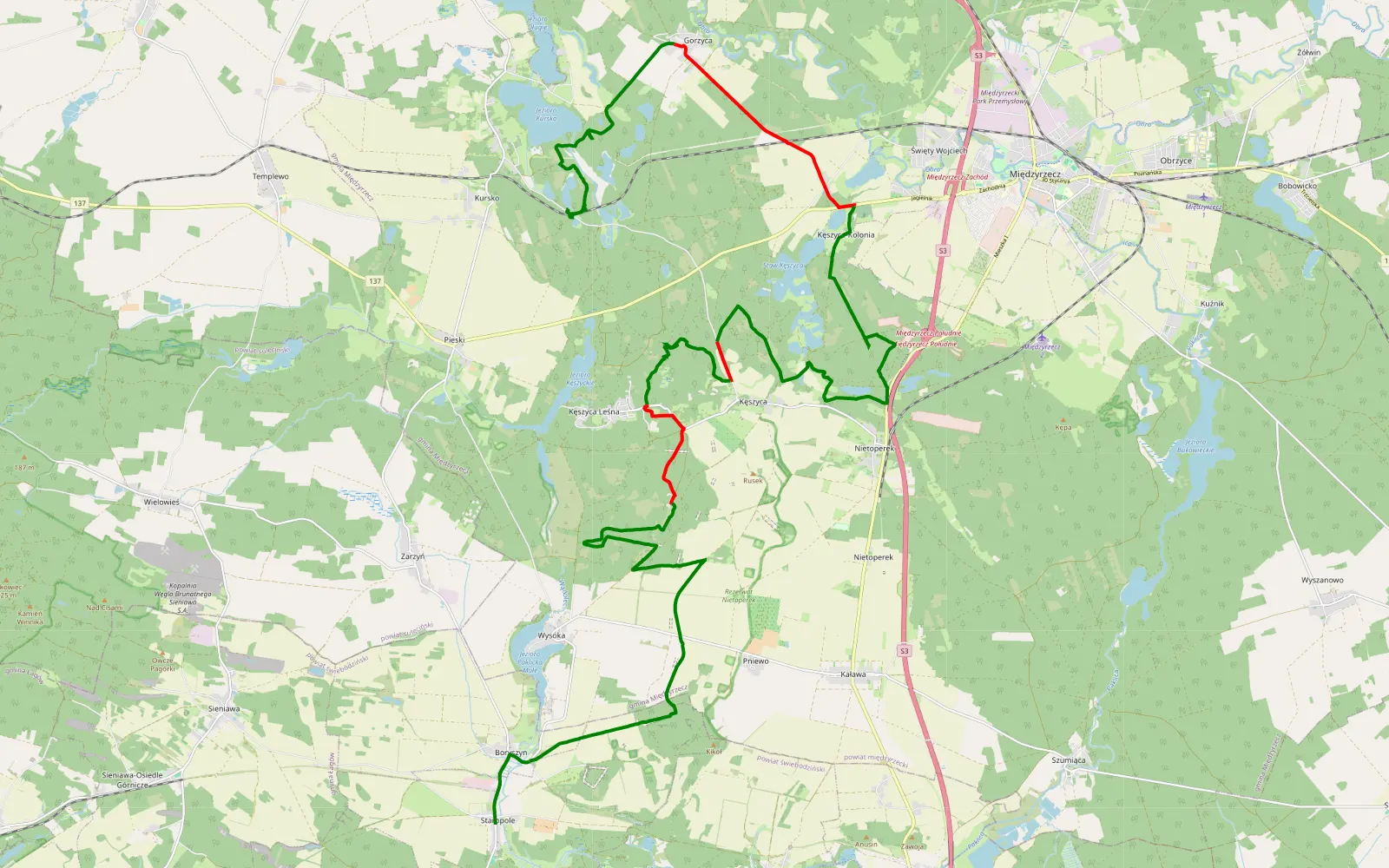 Mapa trasy Kursko - Staropole - 34.9 km trasy offroad, Powiat Międzyrzecki