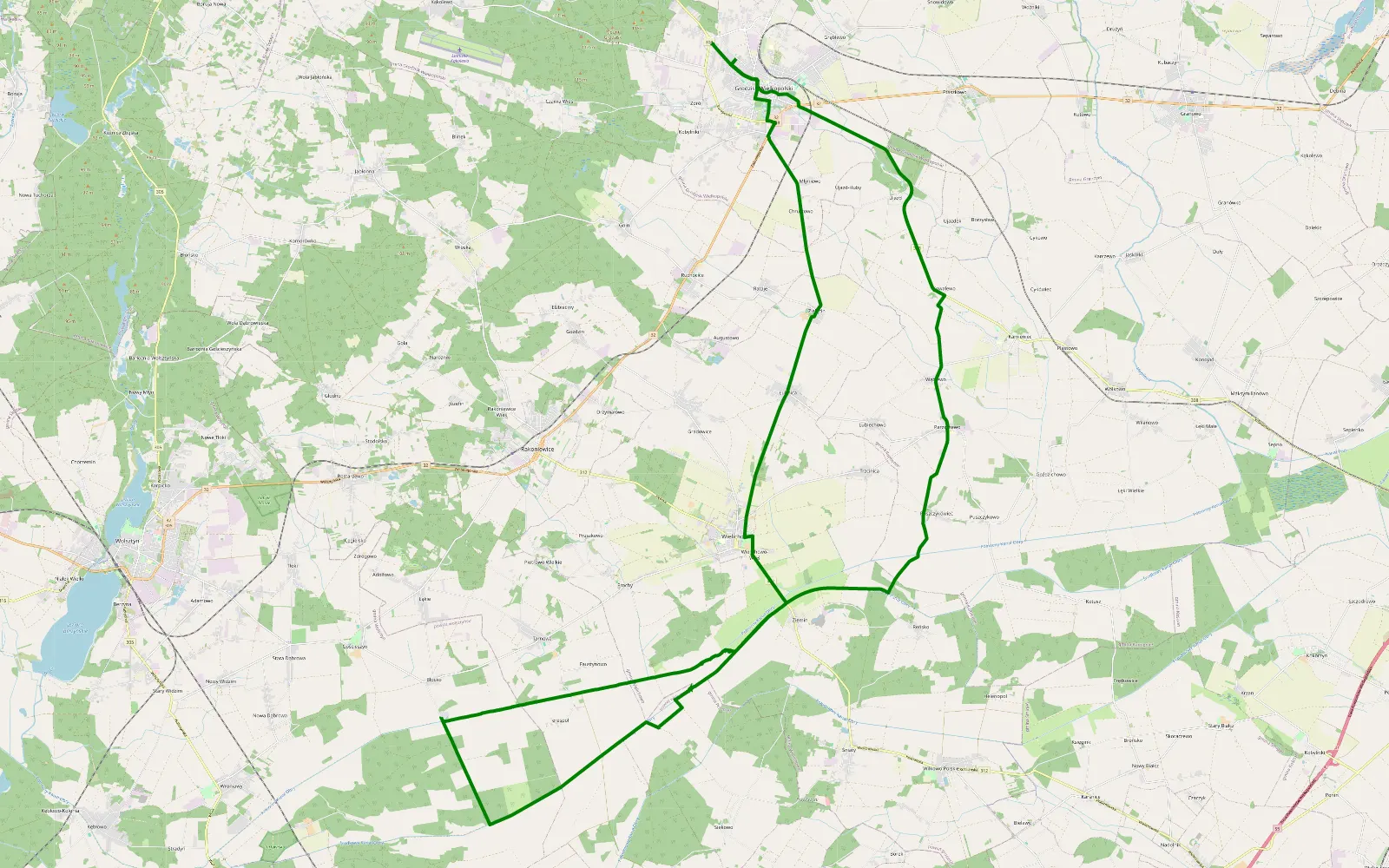 Mapa trasy Trasa kanałem obry - 32.2 km trasy offroad, Powiat Grodziski