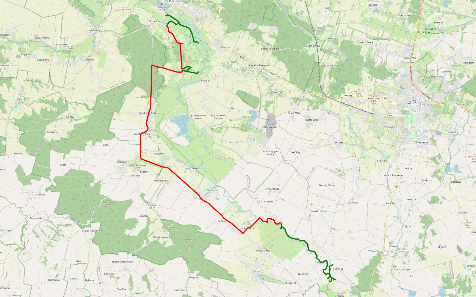 Mapa trasy Nida. Kobylniki Chroberz Modzawy Pinczaw - 37.7 km trasy offroad, Powiat Pińczowski