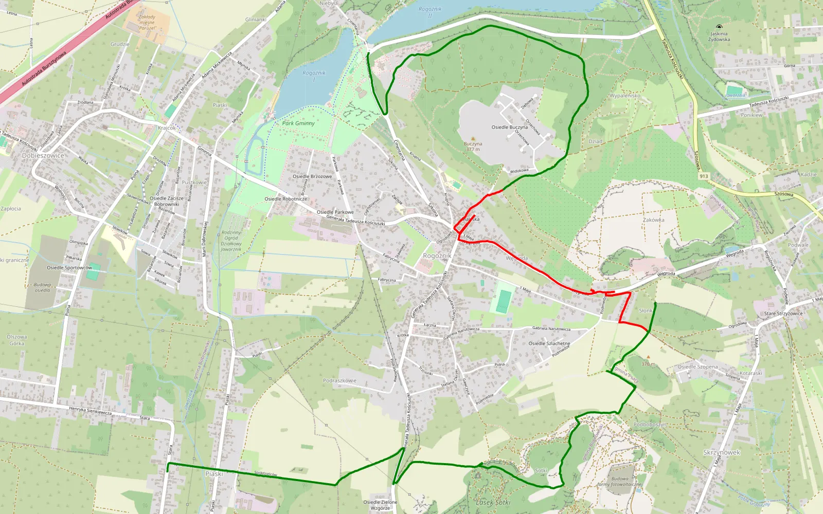 Mapa trasy Piaski - Jezioro Rogoźnickie - 10.6 km trasy offroad, Powiat Będziński