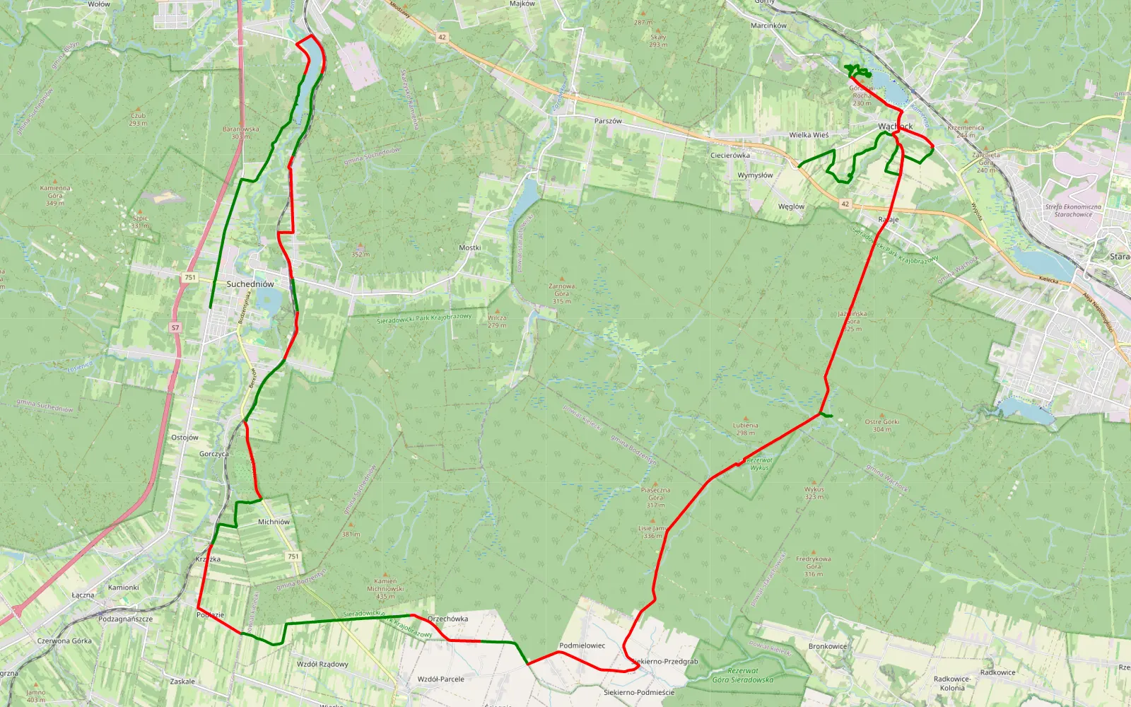 Mapa trasy Węglów - Suchedniów - 48.5 km trasy offroad, Powiat Starachowicki